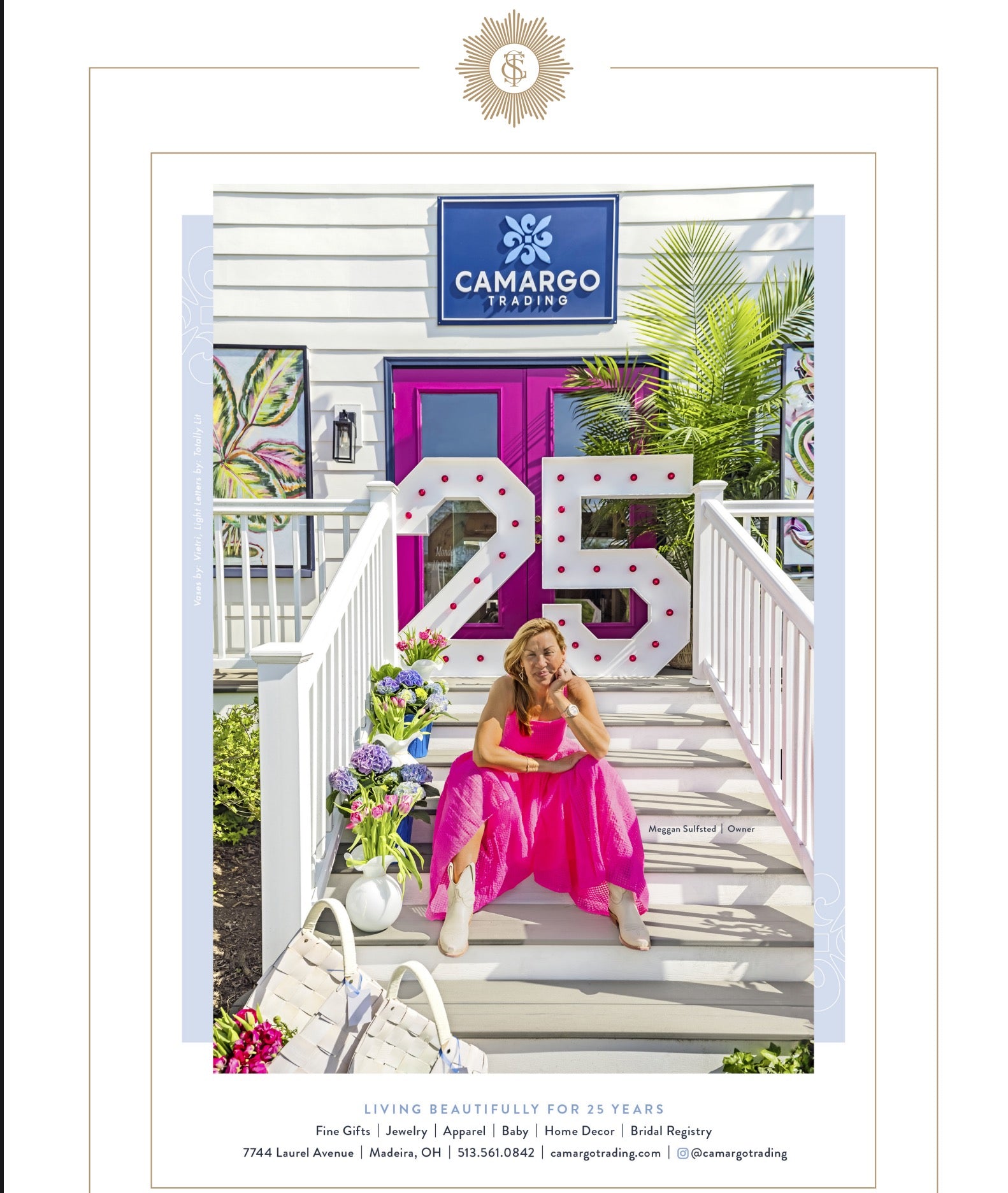 Owner Meggan Sulfsted sitting on the shop's front steps beside giant lit 25 marquee letters, in The Scout Guide Cincinnati